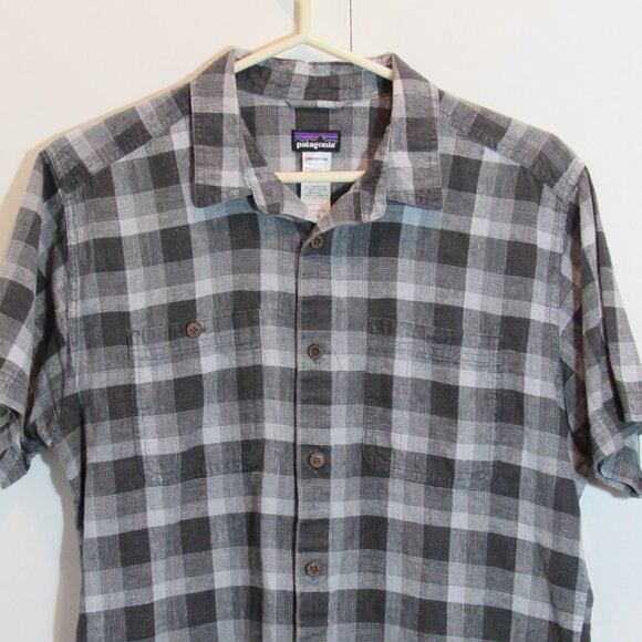 Patagonia Mens Shirt Checked Grey Plaid Button Down Organic Cotton Hemp Sz Med - Picture 3 of 8